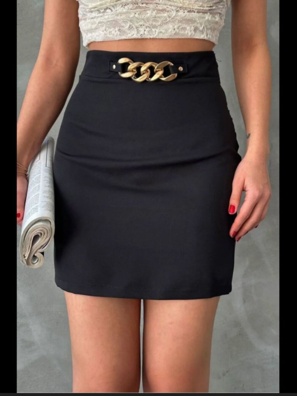 XS Zara Black Simply Mini Skirt With Gold Chain Waist Embellishment Side Zipper